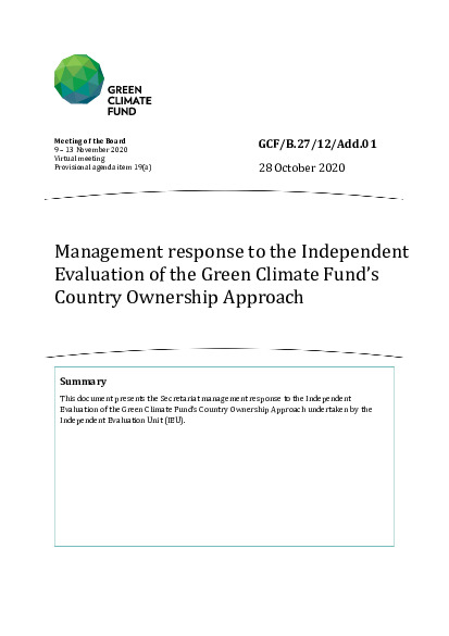 Download Management response to the Independent Evaluation of the Green Climate Fund’s Country Ownership Approach Document cover for Management response to the Independent Evaluation of the Green Climate Fund’s Country Ownership Approach