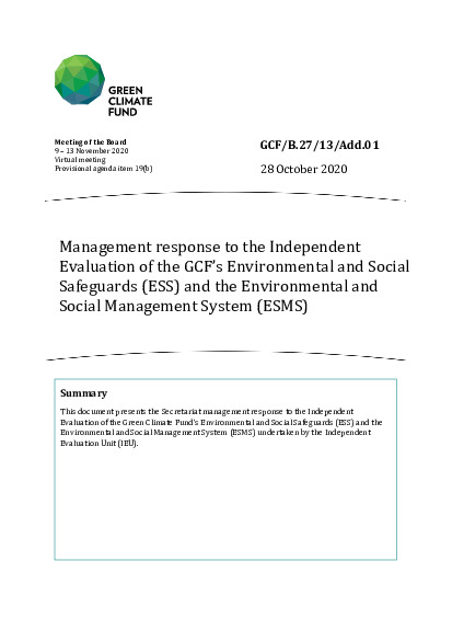 Document cover for Management response to the Independent Evaluation of the GCF’s Environmental and Social Safeguards (ESS) and the Environmental and Social Management System (ESMS)