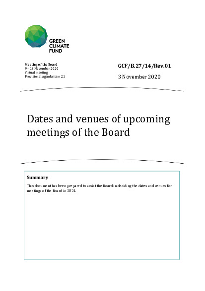 Document cover for Dates and venues of upcoming meetings of the Board