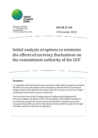 Document cover for Initial analysis of options to minimize the effects of currency fluctuations on the commitment authority of the GCF 