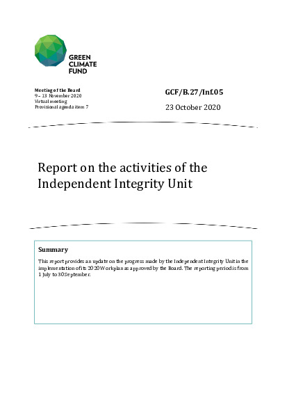 Document cover for Report on the activities of the Independent Integrity Unit 