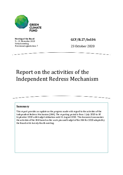 Document cover for Report on the activities of the Independent Redress Mechanism 