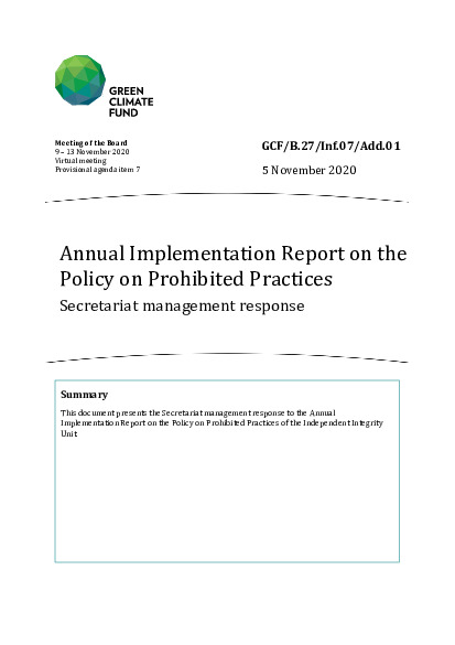 Document cover for Annual Implementation Report on the Policy on Prohibited Practices: Secretariat management response