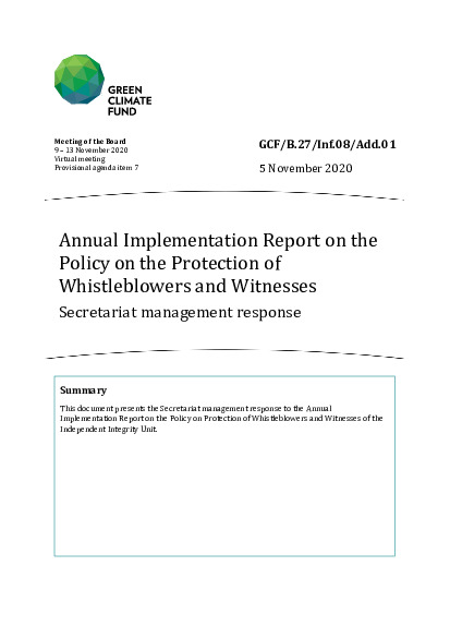 Document cover for Annual Implementation Report on the Policy on the Protection of Whistleblowers and Witnesses: Secretariat management response