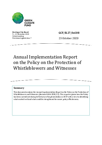 Document cover for Annual Implementation Report on the Policy on the Protection of Whistleblowers and Witnesses