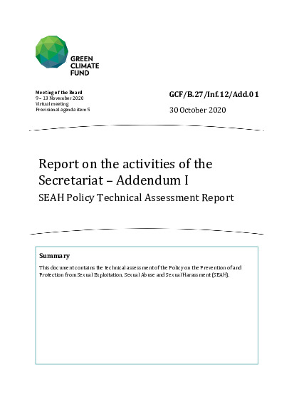 Document cover for Report on the activities of the Secretariat – Addendum I: SEAH Policy Technical Assessment Report 
