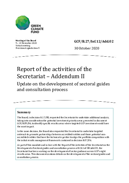 Document cover for Report of the activities of the Secretariat – Addendum II: Update on the development of sectoral guides and consultation process