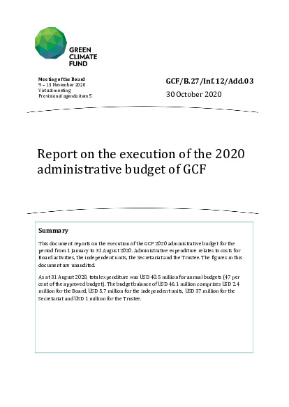 Document cover for Report on the execution of the 2020 administrative budget of GCF