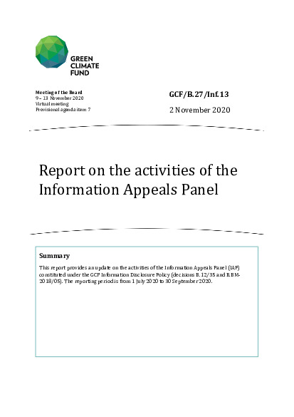 Document cover for Report on the activities of the Information Appeals Panel 