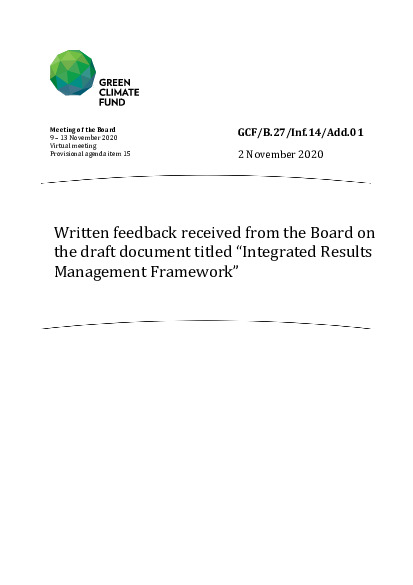 Document cover for Written feedback received from the Board on the draft document titled “Integrated Results Management Framework” 