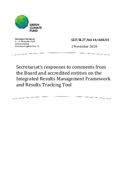 Document cover for Secretariat’s responses to comments from the Board and accredited entities on the Integrated Results Management Framework and Results Tracking Tool 