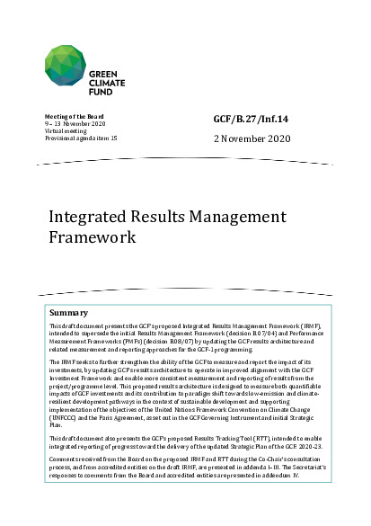 Gcf B 27 Inf 14 Integrated Results Management Framework Green Climate Fund