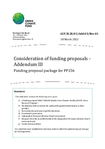 Document cover for Consideration of funding proposals - Addendum III: Funding proposal package for FP156