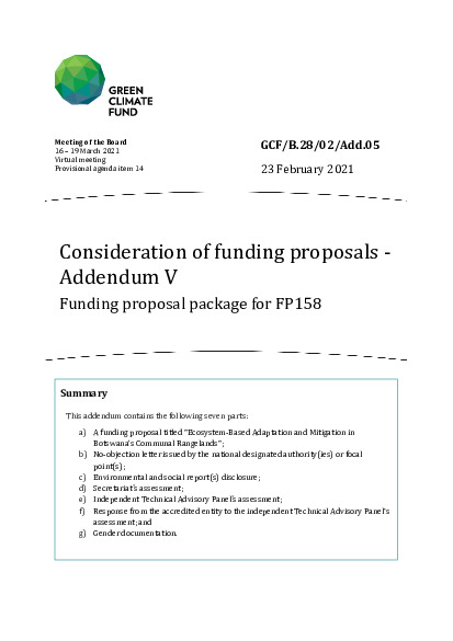 Document cover for Consideration of funding proposals - Addendum V: Funding proposal package for FP158