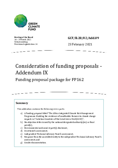Document cover for Consideration of funding proposals - Addendum IX: Funding proposal package for FP162