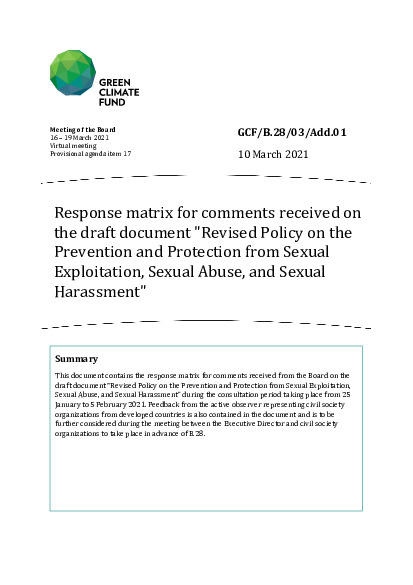 Download Response matrix for comments received on the draft document "Revised Policy on the Prevention and Protection from Sexual Exploitation, Sexual Abuse, and Sexual Harassment" Document cover for Response matrix for comments received on the draft document "Revised Policy on the Prevention and Protection from Sexual Exploitation, Sexual Abuse, and Sexual Harassment"