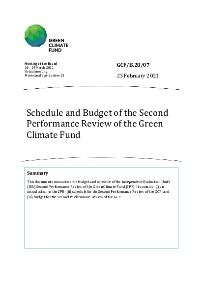 Download Schedule and budget of the second performance review of the Green Climate Fund Document cover for Schedule and budget of the second performance review of the Green Climate Fund