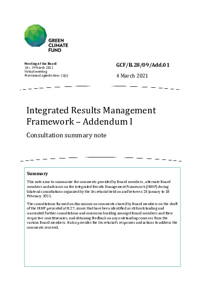 Document cover for Integrated Results Management Framework – Addendum I: Consultation summary note