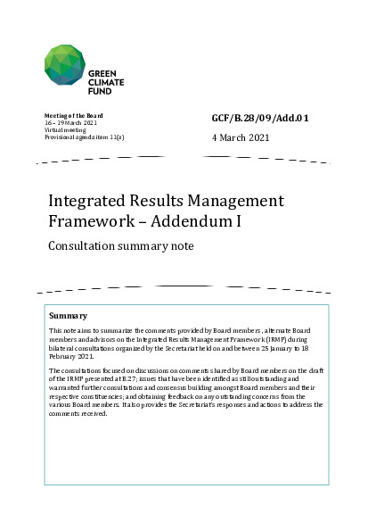 Download Integrated Results Management Framework – Addendum I: Consultation summary note Document cover for Integrated Results Management Framework – Addendum I: Consultation summary note