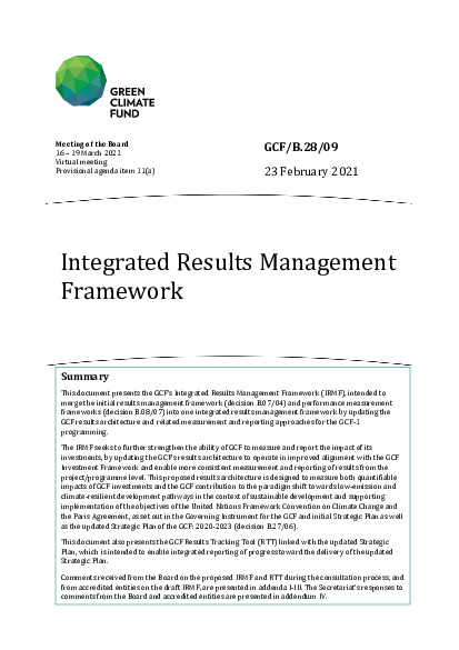 Document cover for Integrated Results Management Framework 