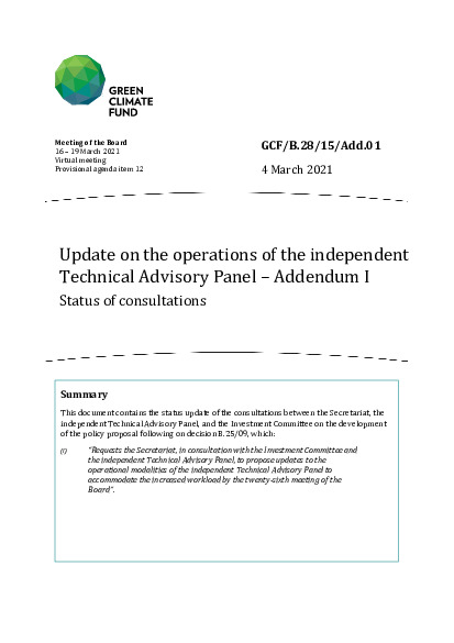 Document cover for Update on the operations of the independent Technical Advisory Panel – Addendum I: Status of consultations