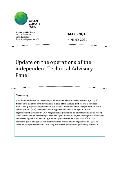 Document cover for Update on the operations of the independent Technical Advisory Panel