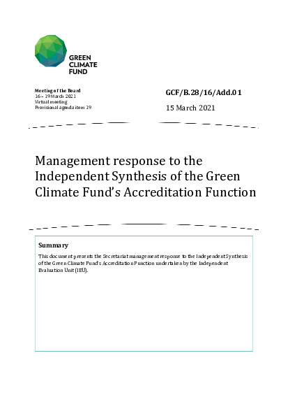 Document cover for Management response to the Independent Synthesis of the Green Climate Fund’s Accreditation Function