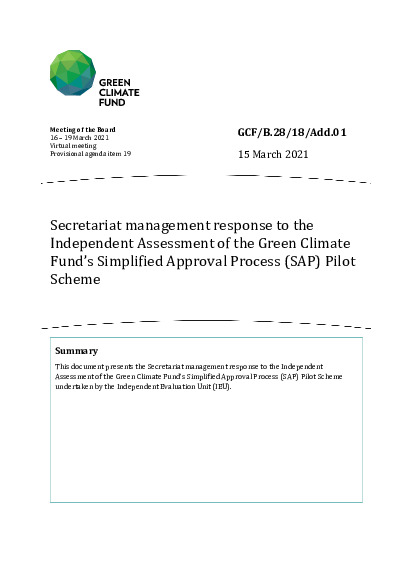 Document cover for Secretariat management response to the Independent Assessment of the Green Climate Fund’s Simplified Approval Process (SAP) Pilot Scheme