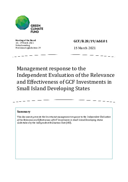 Document cover for Management response to the Independent Evaluation of the Relevance and Effectiveness of GCF Investments in Small Island Developing States