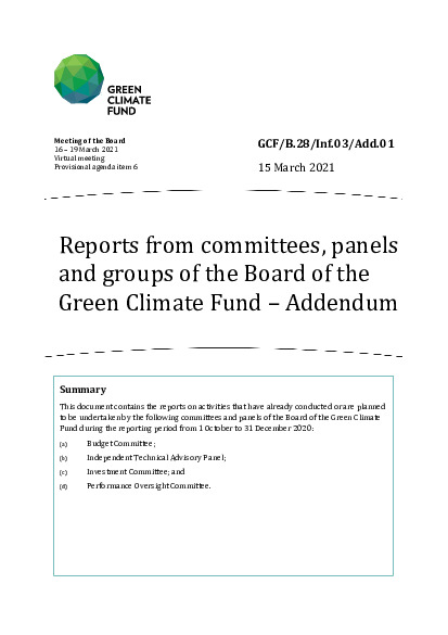 Download Reports from committees, panels and groups of the Board of the Green Climate Fund – Addendum Document cover for Reports from committees, panels and groups of the Board of the Green Climate Fund – Addendum