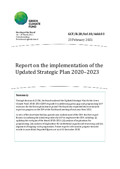 Document cover for Report on the implementation of the Updated Strategic Plan 2020–2023 