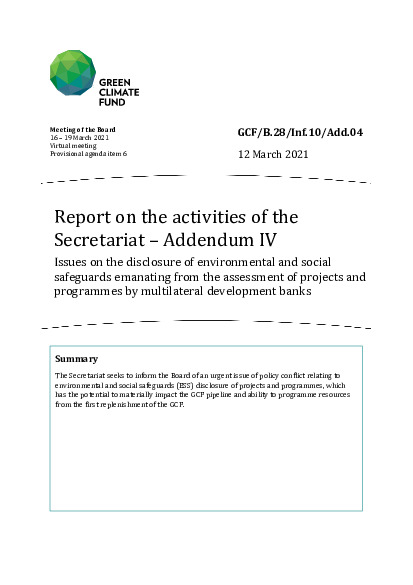 Document cover for Report on the activities of the Secretariat – Addendum IV: Issues on the disclosure of environmental and social safeguards emanating from the assessment of projects and programmes by multilateral development banks