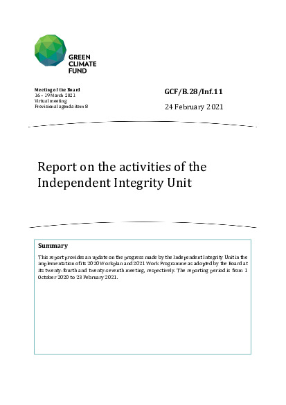 Document cover for Report on the activities of the Independent Integrity Unit 