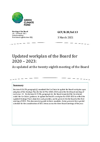 Document cover for Updated workplan of the Board for 2020 – 2023: As updated at the twenty-eighth meeting of the Board