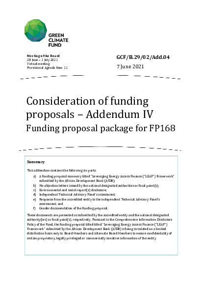 Document cover for Consideration of funding proposals – Addendum IV Funding proposal package for FP168