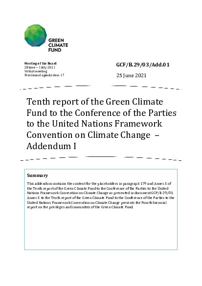 Download Tenth report of the Green Climate Fund to the Conference of the Parties to the United Nations Framework Convention on Climate Change – Addendum I Document cover for Tenth report of the Green Climate Fund to the Conference of the Parties to the United Nations Framework Convention on Climate Change – Addendum I