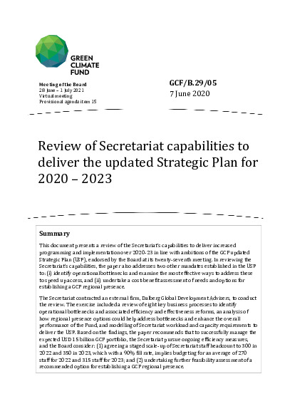 Document cover for Review of Secretariat capabilities to deliver the updated Strategic Plan for 2020 – 2023