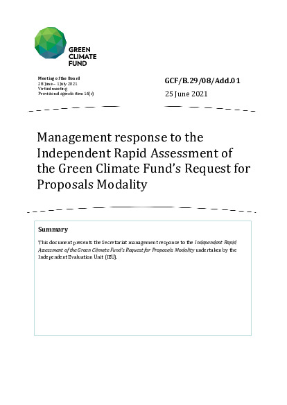 Download Management response to the Independent Rapid Assessment of the Green Climate Fund’s Request for Proposals Modality Document cover for Management response to the Independent Rapid Assessment of the Green Climate Fund’s Request for Proposals Modality