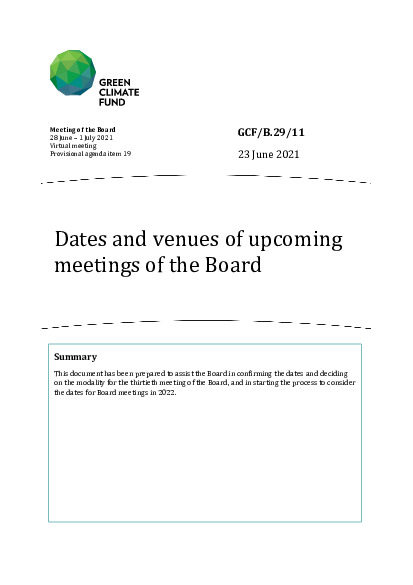 Document cover for Dates and venues of upcoming meetings of the Board