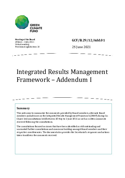 Document cover for Integrated Results Management Framework – Addendum I