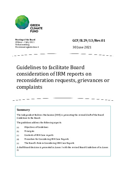 Document cover for Guidelines to facilitate Board consideration of IRM reports on reconsideration requests, grievances or complaints