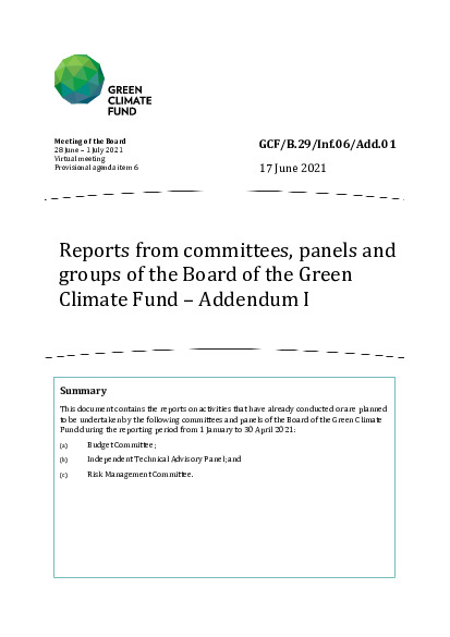 Document cover for Reports from committees, panels and groups of the Board of the Green Climate Fund - Addendum I
