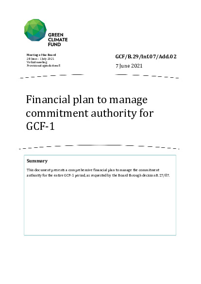 Document cover for Financial plan to manage commitment authority for GCF-1