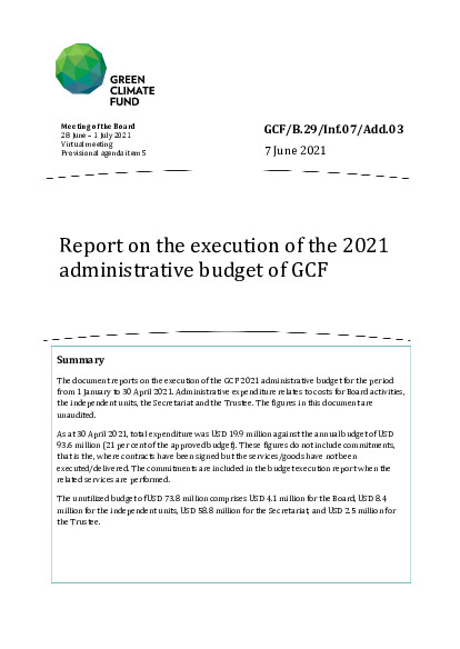 Document cover for Report on the execution of the 2021 administrative budget of GCF