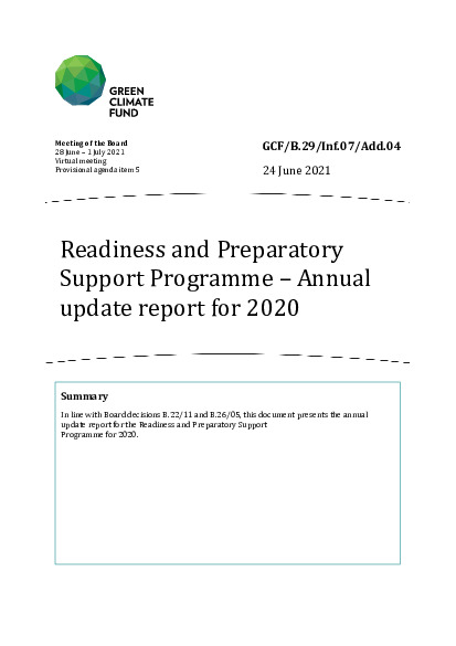 Document cover for Readiness and Preparatory Support Programme – Annual update report for 2020