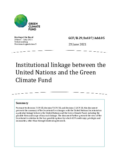 Document cover for Institutional linkage between the United Nations and the Green Climate Fund