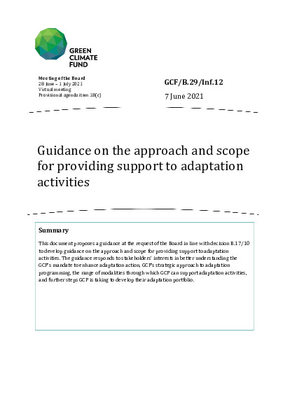 Document cover for Guidance on the approach and scope for providing support to adaptation activities