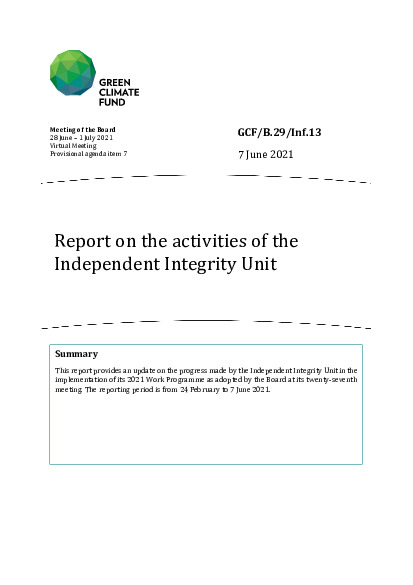 Document cover for Report on the activities of the Independent Integrity Unit
