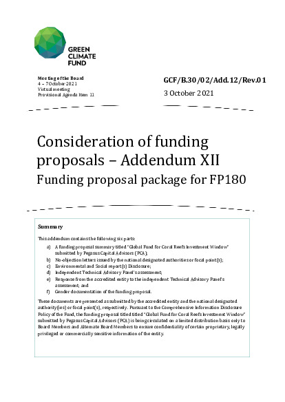 Document cover for Consideration of funding proposals – Addendum XII Funding proposal package for FP180