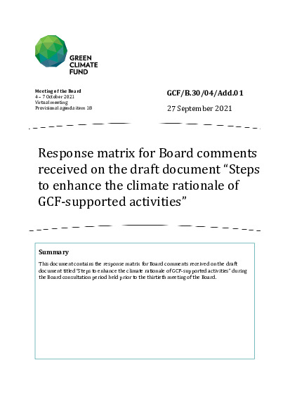 Document cover for Response matrix for Board comments received on the draft document “Steps to enhance the climate rationale of GCF-supported activities”